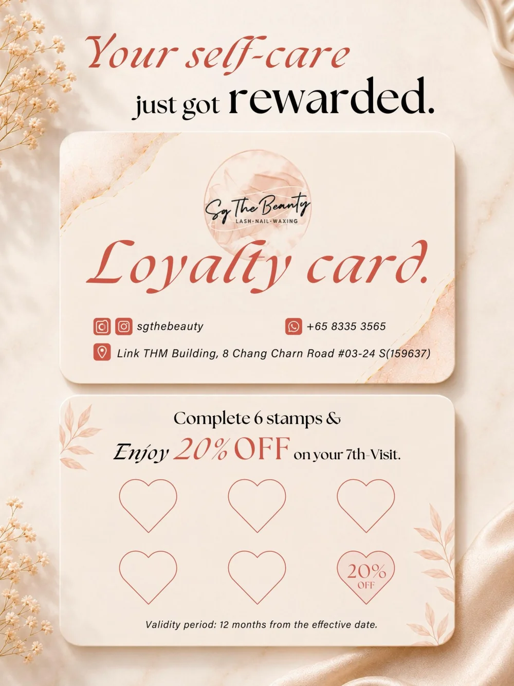 SGTHEBEAUTY loyalty card — complete 6 stamps for 20% off your 7th visit